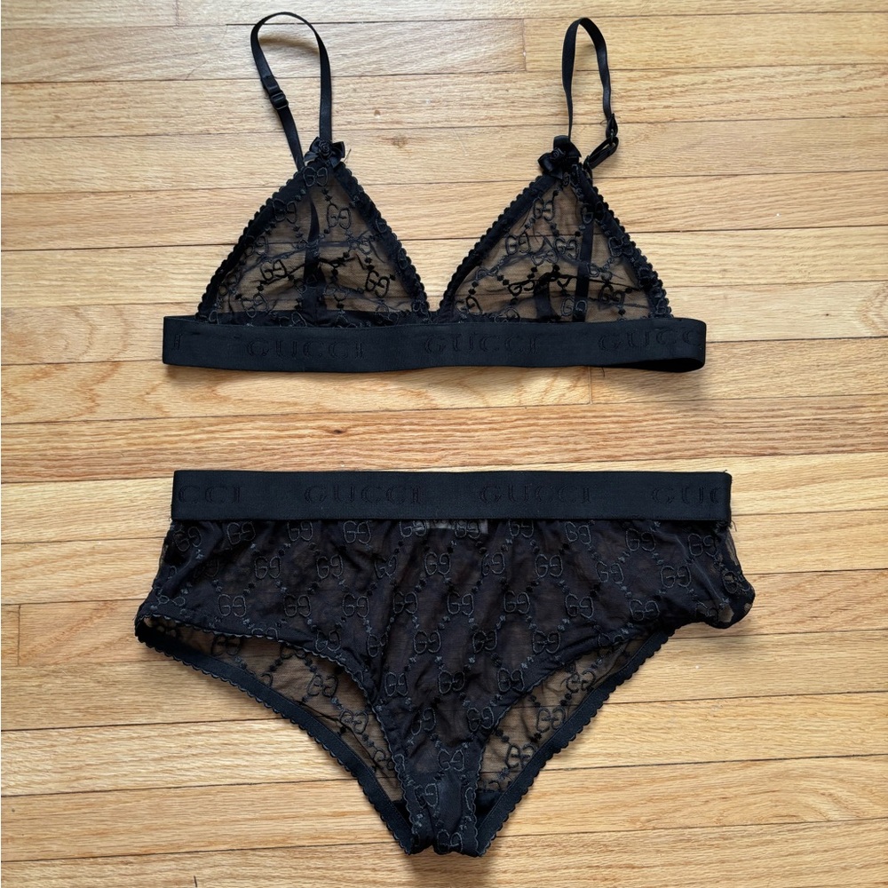 Gucci Black Sheer Lace Triangle Bralette and Brief Set
